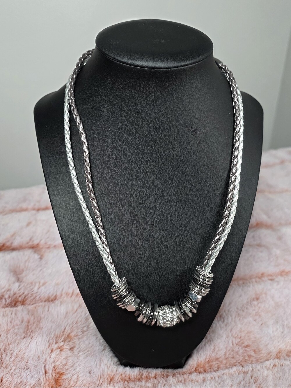 Two-Tone Silver Braided Necklace with Pavé Accent Bead